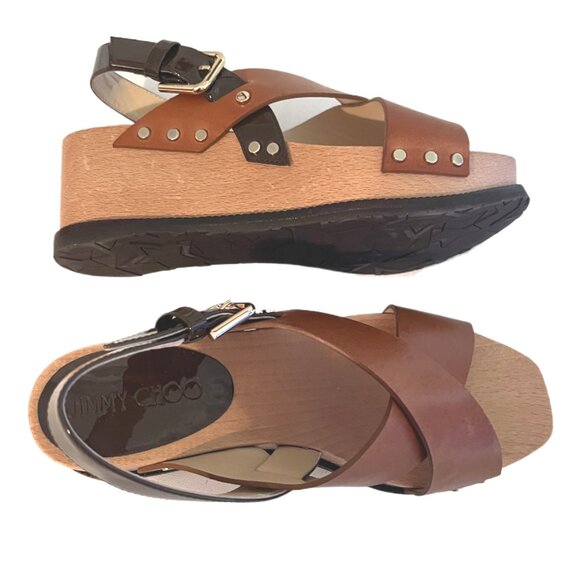 Jimmy Choo 2-Tone Brown Leather, Wood & Patent Leather Wedge Stud Sandals Size 5 main image 6